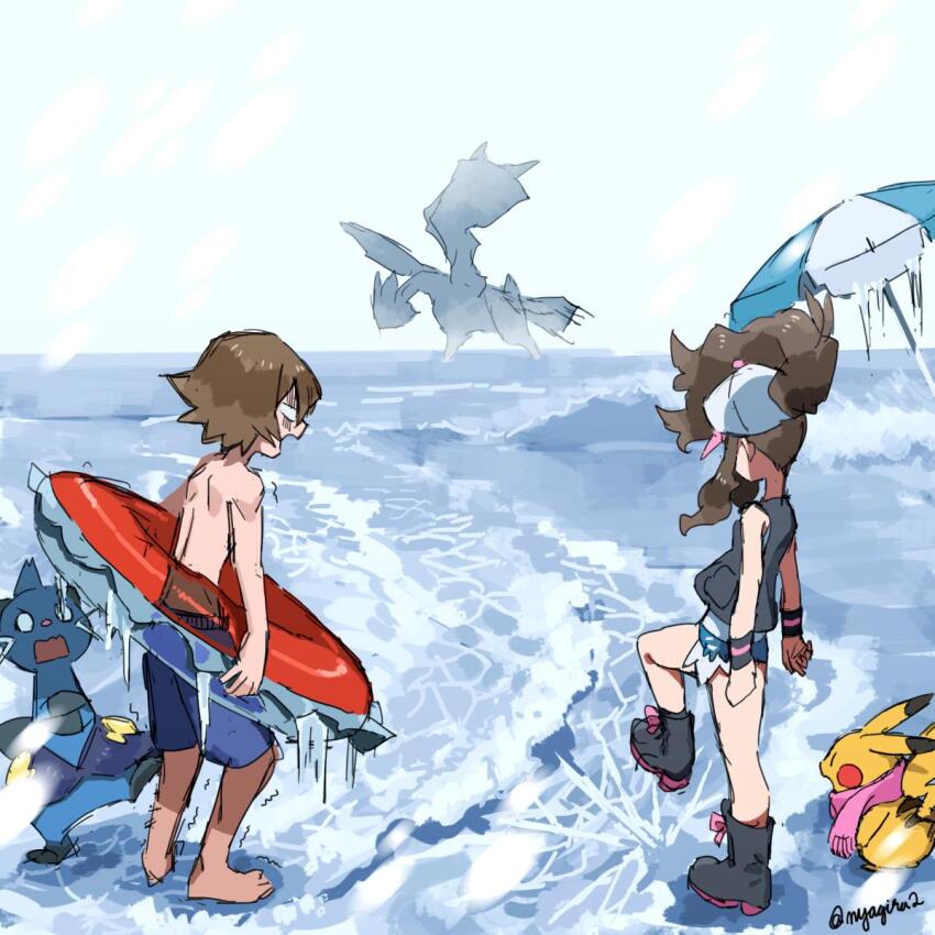 1boy 1girl beach_umbrella boots brown_hair cold dewott exposed_pocket frozen gen_1_pokemon gen_5_pokemon hilbert_(pokemon) hilda_(pokemon) holding holding_swim_ring innertube kyurem legendary_pokemon nintendo nyagiratwist outdoors pikachu pink_scarf pokemon pokemon_(creature) pokemon_bw scarf source_request standing swim_ring trembling umbrella