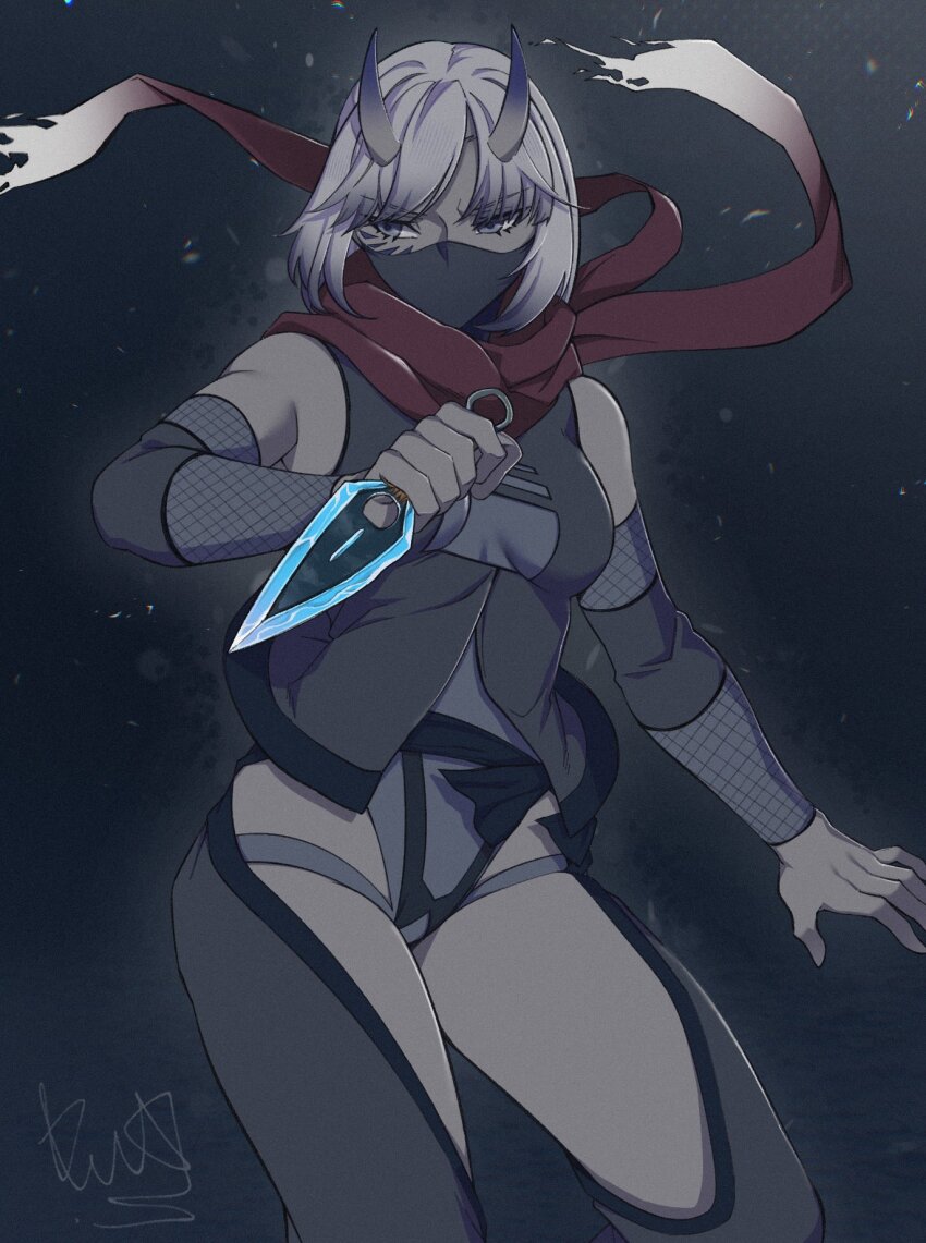 1girl breasts chaps colored_skin commentary commission detached_sleeves fishnet_sleeves fishnets grey_hair grey_leotard grey_skin highres holding holding_kunai holding_weapon horns impossible_clothes kimouji kunai leotard mask medium_breasts mouth_mask ninja original red_scarf reverse_grip scarf signature skin-covered_horns solo weapon