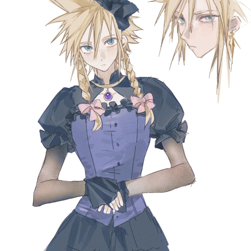 1boy black_skirt blue_corset blue_eyes bow braid cloud_strife cloud_strife_(blue_dress) corset crossdressing crossdressing_(mtf) earrings final_fantasy final_fantasy_vii final_fantasy_vii_remake fishnet_armwear floating_earrings hair_between_eyes hair_bow highres jewelry kinokowa long_hair looking_at_viewer male_focus multiple_views official_alternate_costume own_hands_together pendant_choker pink_bow puffy_short_sleeves puffy_sleeves short_sleeves skirt spiked_hair twin_braids upper_body white_background
