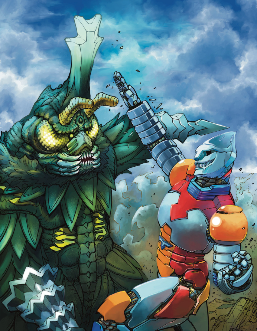 antennae blue_sky bug cloud compound_eyes day dirt drill dust fighting giant giant_monster giant_robot godzilla_(series) godzilla_vs._megalon_(1973) highres horns jet_jaguar kaiju mecha megalon monster no_humans no_pupils robot single_horn sky toho yamanushi yellow_eyes