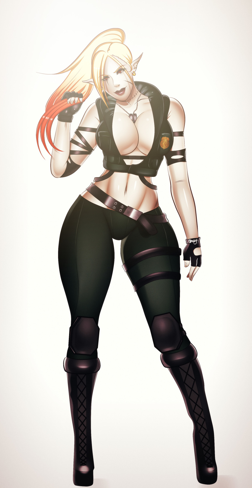 1girl absurdres blonde_hair breasts cleavage cosplay curvy female_focus full_body highres jassycoco large_breasts long_hair pointy_ears ponytail red_eyes solo sonya_blade_(cosplay) standing thick_thighs thighs wide_hips
