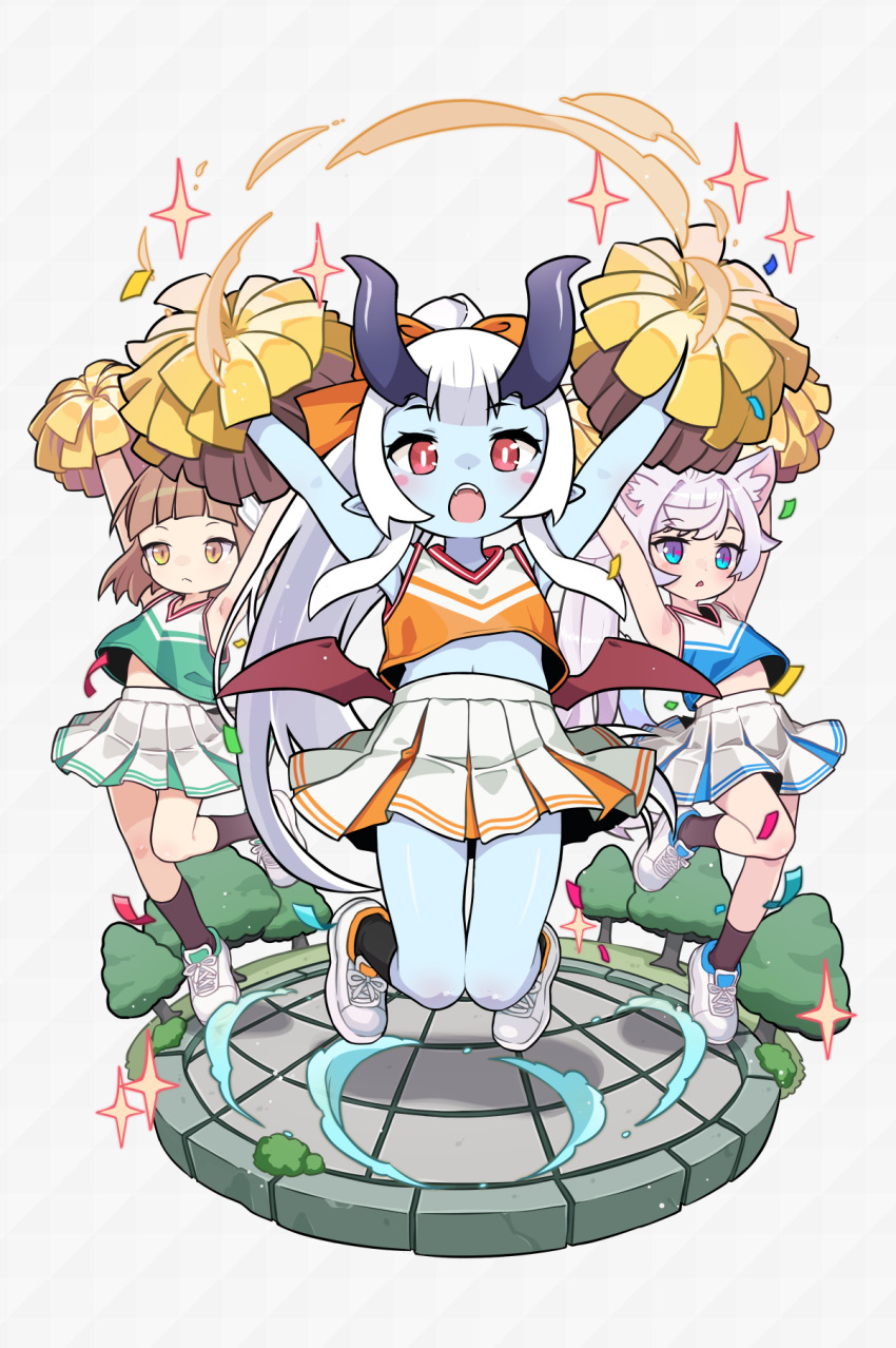 3girls arms_up arum_(world_flipper) black_socks blue_eyes blue_shirt blue_skin blunt_bangs blush_stickers bright_pupils brown_hair cheerleader colored_skin confetti couette_(world_flipper) green_shirt grey_background grey_hair highres holding holding_pom_poms horns low_wings midriff midriff_peek multiple_girls mwm5 navel open_mouth orange_shirt piamo_(world_flipper) pleated_skirt pointy_ears pom_pom_(cheerleading) pom_poms ponytail red_eyes shirt shoes skirt socks sparkle white_pupils white_shoes wings world_flipper