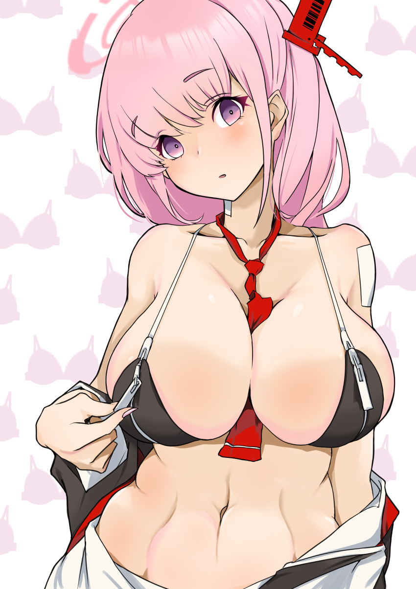 1girl absurdres bandaid bandaid_on_shoulder bare_shoulders between_breasts bikini black_bikini blue_archive blush breast_zipper breasts cleavage collarbone commentary eimi_(blue_archive) groin hair_ornament halo head_tilt highres jacket large_breasts long_hair looking_at_viewer multicolored_jacket navel necktie necktie_between_breasts off_shoulder open_clothes open_shirt p.i.t.d parted_lips pink_eyes pink_hair purple_eyes red_necktie solo standing stomach swimsuit two-tone_jacket unbuttoned unbuttoned_shirt zipper zipper_bikini zipper_pull_tab