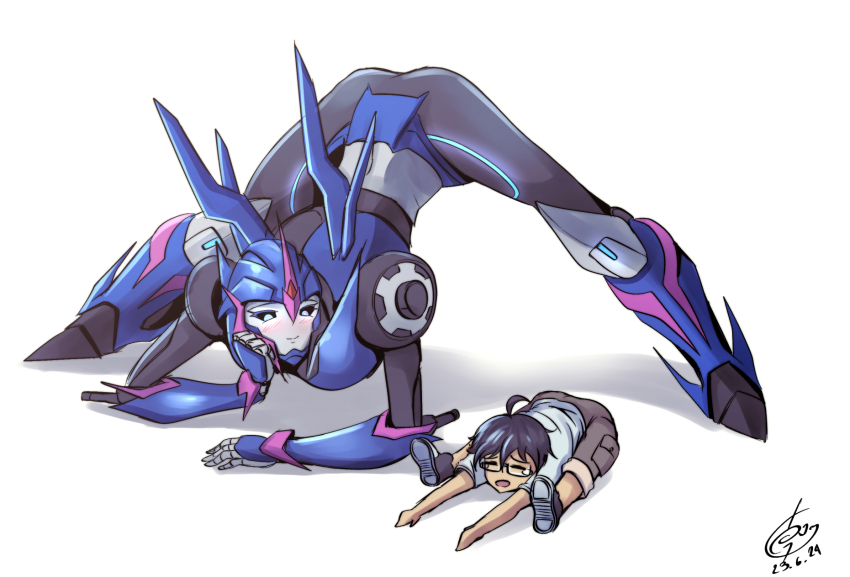 1boy 1girl arcee arcee_(prime) black_hair black_sclera blue_eyes blush colored_sclera glasses highres humanoid_robot jack-o&#039;_challenge mechanical_wings no_panties ongget1 robot robot_girl size_difference top-down_bottom-up transformers transformers_prime white_background wings