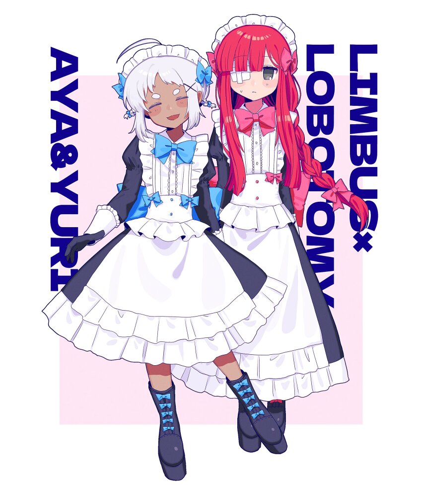 2girls absurdres alternate_costume apron aya_(project_moon) black_dress black_shoes blue_bow border bow braid character_name closed_eyes dark-skinned_female dark_skin dress frilled_apron frills full_body gauze gauze_over_eye grey_eyes hair_bow highres juliet_sleeves limbus_company long_hair long_sleeves looking_at_viewer maid maid_headdress multiple_girls nr6nzqrcgf60864 open_mouth pink_background pink_bow pink_hair project_moon puffy_sleeves shoes short_hair sidelocks simple_background standing twin_braids white_apron white_border white_hair yuri_(project_moon)