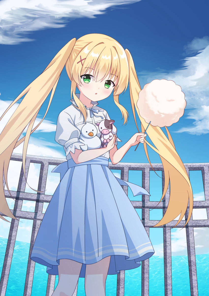 1girl :o absurdres blonde_hair blue_bow blue_bowtie blue_skirt blue_sky blush bow bowtie cloud commentary_request cotton_candy day feet_out_of_frame food green_eyes hair_between_eyes hair_intakes hair_ornament hands_up high-waist_skirt highres holding holding_cotton_candy holding_food holding_stuffed_toy kk0220 long_hair looking_at_viewer open_mouth outdoors puffy_short_sleeves puffy_sleeves railing shirt short_sleeves sidelocks skirt sky solo standing straight_hair stuffed_animal stuffed_cow stuffed_duck stuffed_toy summer_pockets tsumugi_wenders twintails very_long_hair white_shirt x_hair_ornament
