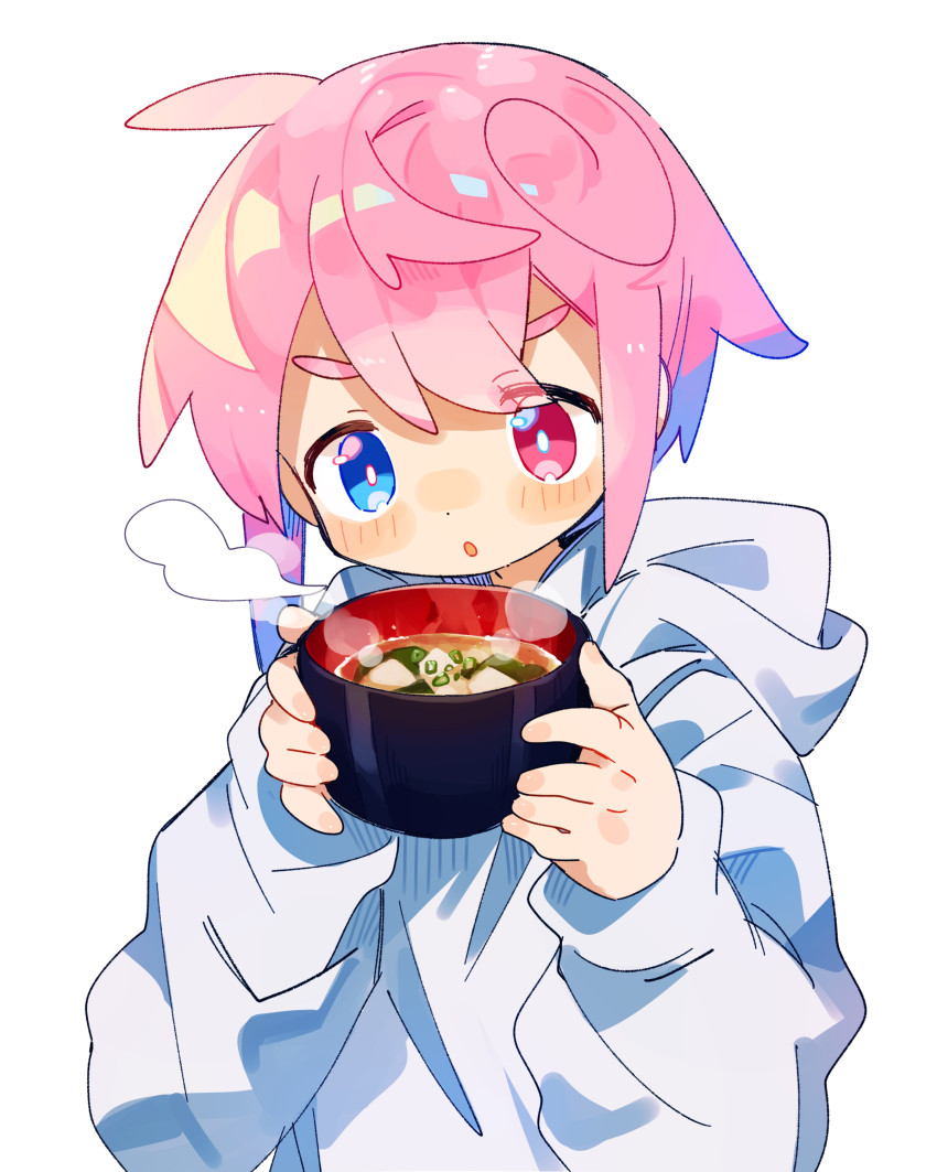1boy :o absurdres blowing blowing_on_food blue_eyes blush blush_stickers bowl bright_pupils commentary_request cowlick food heterochromia highres holding holding_bowl hood hood_down hoodie light_blush long_sleeves looking_down male_focus original parted_lips pink_hair raito-kun_(uenomigi) red_eyes simple_background solo soup trap uenomigi upper_body v-shaped_eyebrows white_background white_hoodie white_pupils