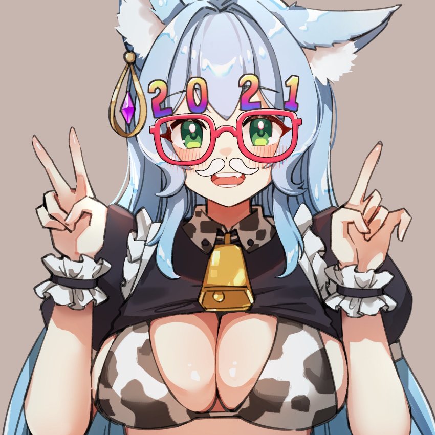 1girl 2021 :d animal_ear_fluff animal_ears animal_print bell bikini blue_hair breasts chinese_zodiac cleavage close-up cow_print cow_print_bikini cowbell earrings fake_facial_hair fake_mustache fang fox_ears foxyreine glasses green_eyes grey_background hands_up highres index_finger_raised jewelry large_breasts long_hair looking_at_viewer new_year open_mouth original print_bikini red-framed_eyewear short_sleeves shrug_(clothing) simple_background sister_reine_(foxyreine) smile solo swimsuit upper_body v white_bikini wing_collar wrist_cuffs year_of_the_ox