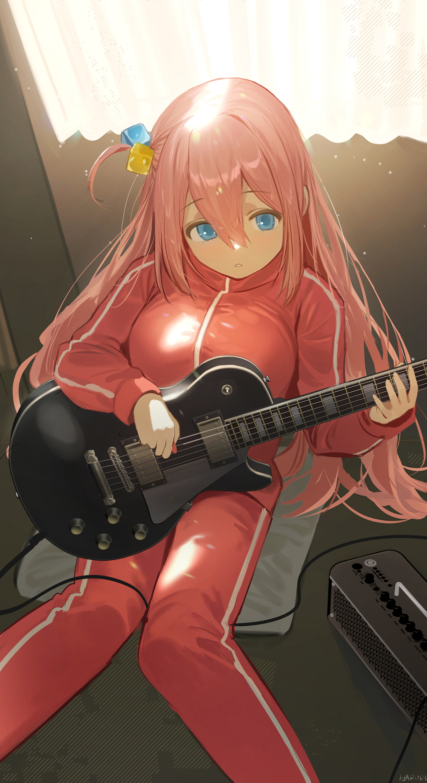 1girl blue_eyes bocchi_the_rock! cable cube_hair_ornament electric_guitar from_above gotoh_hitori guitar hair_between_eyes hair_ornament haruri hashtag-only_commentary highres holding holding_instrument indoors instrument jacket light_particles long_hair long_sleeves looking_at_viewer one_side_up pants pink_hair pink_jacket pink_pants solo track_jacket track_pants