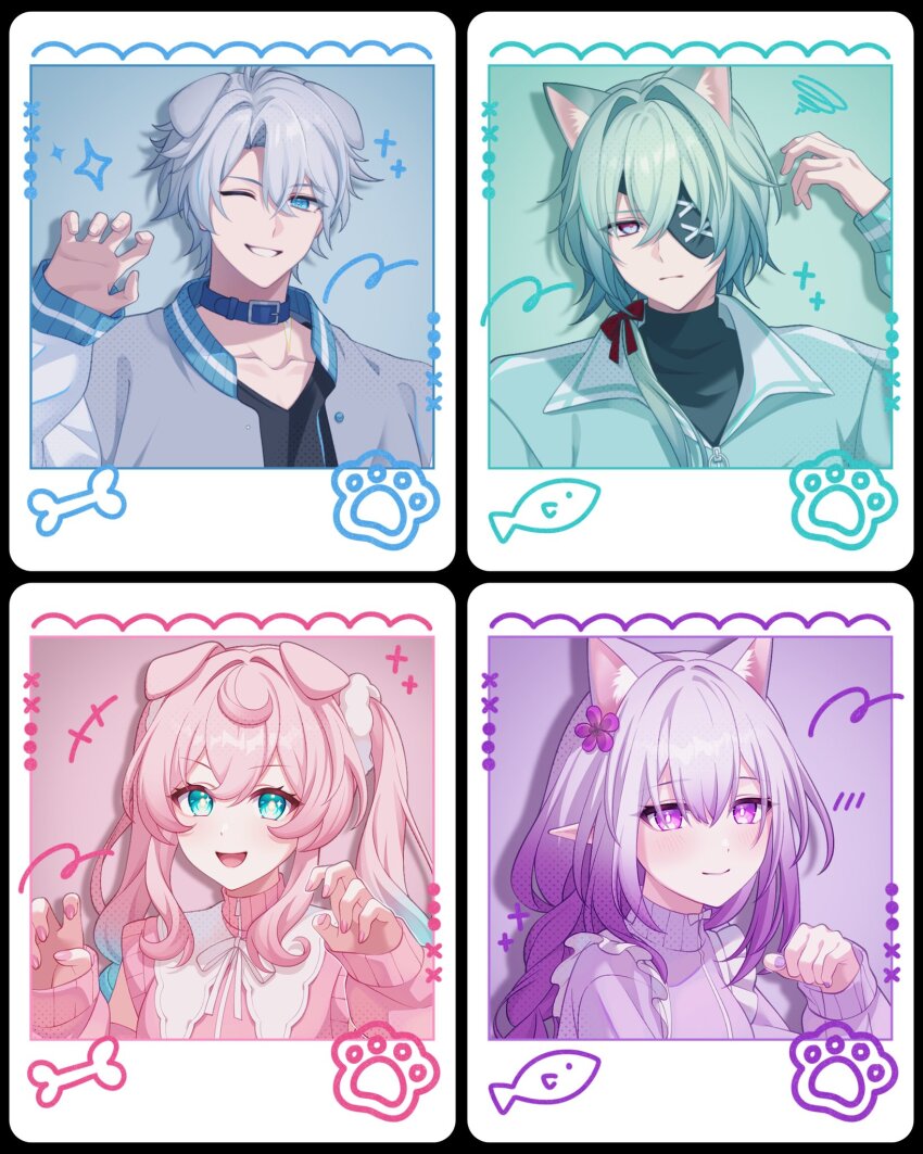 2boys 2girls anaxa_(honkai:_star_rail) animal_ear_fluff animal_ears aqua_eyes aqua_hair aqua_jacket black_shirt blue_background blue_collar blue_eyes blue_hair bow castorice_(honkai:_star_rail) cat_boy cat_ears closed_mouth collar dog_boy dog_ears eyepatch flower green_background grey_hair grey_jacket hair_between_eyes hair_flower hair_ornament highres honkai:_star_rail honkai_(series) hyacine_(honkai:_star_rail) jacket long_hair long_sleeves looking_at_viewer male_focus multicolored_eyes multicolored_hair multiple_boys multiple_girls neck_tattoo one_eye_closed open_mouth phainon_(honkai:_star_rail) pink_hair pink_nails pink_sweater pochimaru_(marumaru_wanwan) pointy_ears purple_eyes purple_hair purple_sweater red_bow shirt short_hair simple_background smile sweater tattoo teeth twintails two-tone_eyes two-tone_hair white_hair