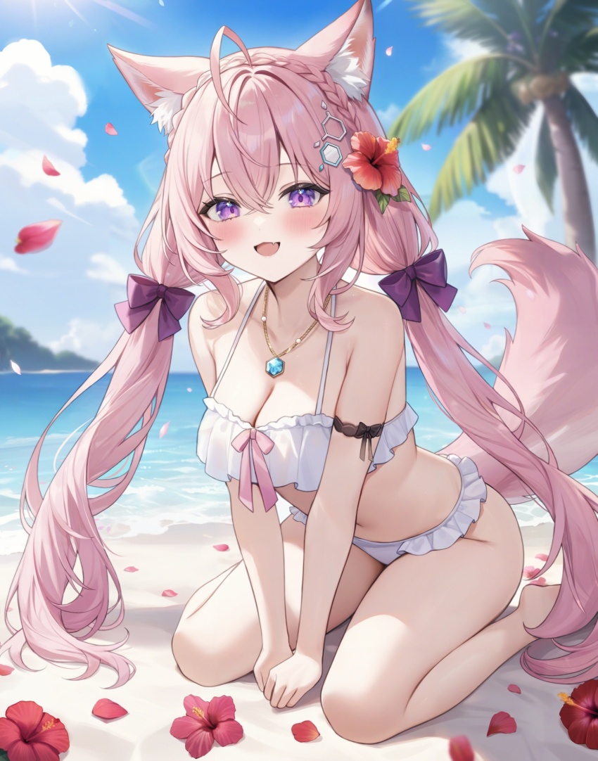 1girl ahoge animal_ears aria_(ariacue) bare_shoulders beach bikini blue_sky blush bow braid breasts cleavage cloud cloudy_sky collarbone commentary crown_braid day fang flower hair_between_eyes hair_bow hair_flower hair_ornament hakui_koyori hibiscus highres hololive jewelry large_breasts long_hair looking_at_viewer navel necklace ocean open_mouth outdoors palm_tree petals pink_bow pink_hair purple_eyes sand sitting skin_fang sky smile solo stomach swimsuit tail thighs tree twintails virtual_youtuber waves white_bikini wolf_ears wolf_girl wolf_tail