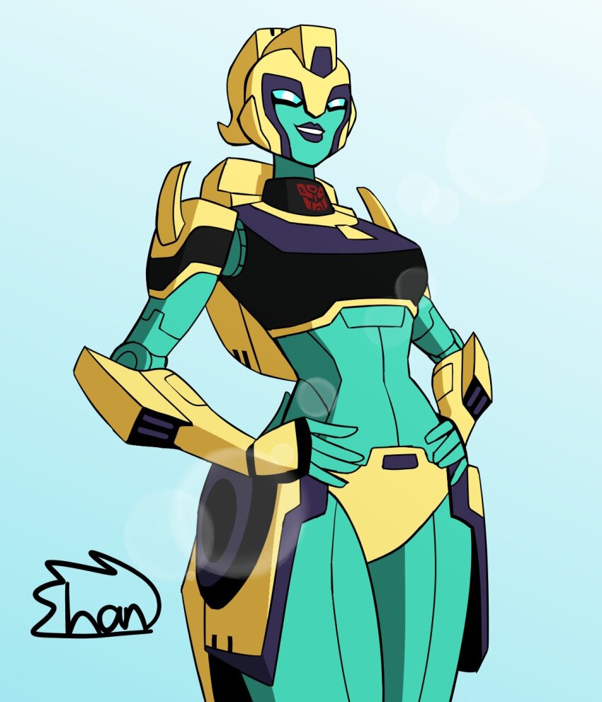 1girl autobot black_lips blue_background blue_eyes breasts colored_skin curvy elita_one green_skin hands_on_own_hips highres humanoid_robot lips medium_breasts panties robot shan_4rt transformers transformers_animated underwear yellow_panties