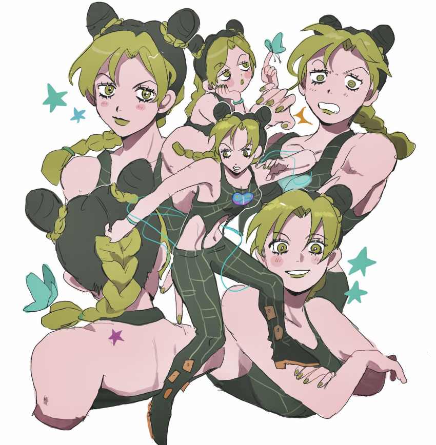 1girl :o bare_shoulders birthmark black_boots black_hair black_pants black_tank_top blush boots bracelet braid breasts bug butterfly cone_hair_bun crop_top crossed_arms curtained_hair double_bun green_eyes green_hair green_lips hair_bun highres insect jewelry jitome joestar_birthmark jojo_no_kimyou_na_bouken kuujou_jolyne lipstick long_hair makeup matubaru_chan midriff multicolored_hair multiple_views navel pants parted_bangs simple_background small_breasts smile spider_web_print star_(symbol) stone_ocean surprised tank_top two-tone_hair unraveling white_background wide-eyed