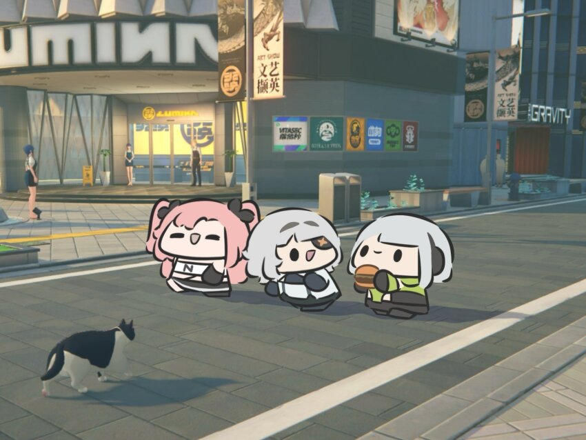 1boy 5girls alternate_universe anby_demara bench billboard burger cat chibi closed_eyes english_text food grey_hair highres holding holding_burger holding_food mixed-language_text multiple_girls nicole_demara pink_hair road siblings sisters superappleman trash_can twiggy_(zenless_zone_zero) zenless_zone_zero