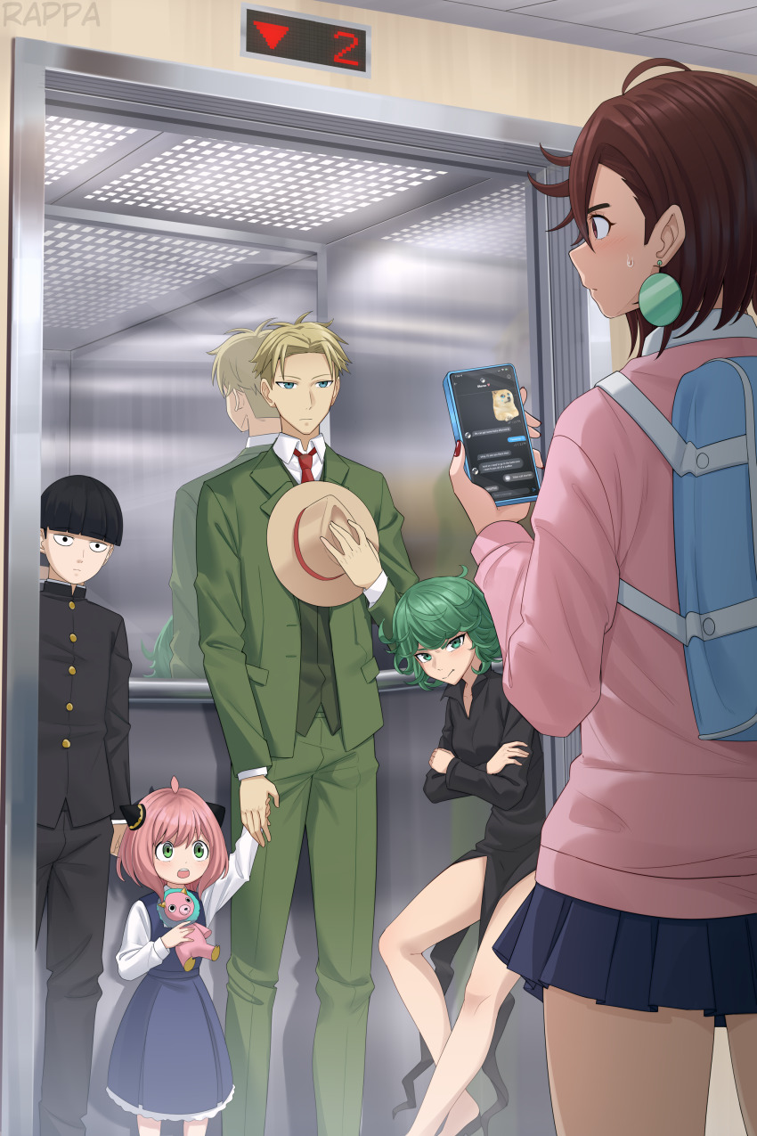 2boys 3girls absurdres anya_(spy_x_family) artist_name ayase_momo backpack bag black_dress black_hair blue_dress blue_eyes bowl_cut brown_eyes brown_hair brown_hat cellphone child crossover dandadan director_chimera_(spy_x_family) doge doll dress dress_pants earrings elevator formal_clothes gakuran green_eyes green_hair green_jacket green_pants green_suit green_vest hat highres holding holding_hands holding_phone indoors jacket jewelry kageyama_shigeo long_sleeves mob_psycho_100 multiple_boys multiple_crossover multiple_girls necktie one-punch_man pants phone pink_hair pink_sweater power_connection rappa_(sirrappa) red_necktie school_uniform shirt smartphone spy_x_family suit suit_jacket sweatdrop sweater takakura_ken_(dandadan) tatsumaki twilight vest white_shirt