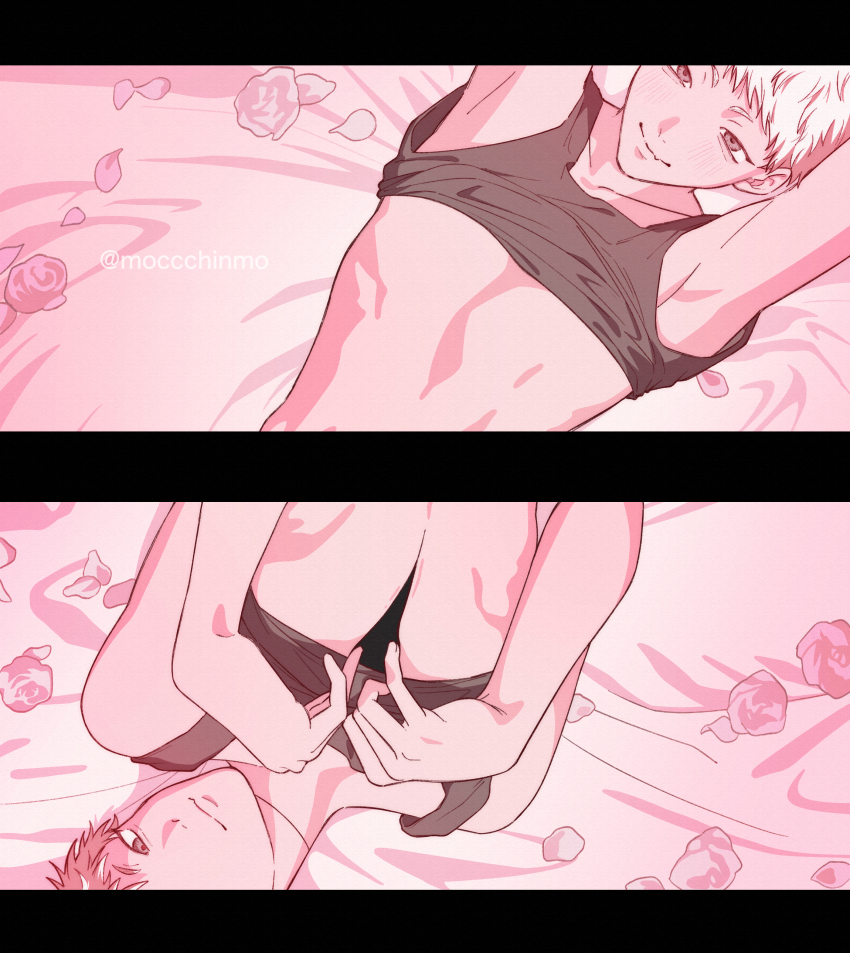 1boy absurdres armpits arms_up black_tank_top blush closed_mouth clothes_lift collarbone commentary_request deep_wound highres hikaru_ga_shinda_natsu indou_hikaru injury looking_at_viewer lying male_focus moccchinmo multiple_views no_nipples on_back on_bed petals shirt_lift short_eyebrows smile tank_top twitter_username
