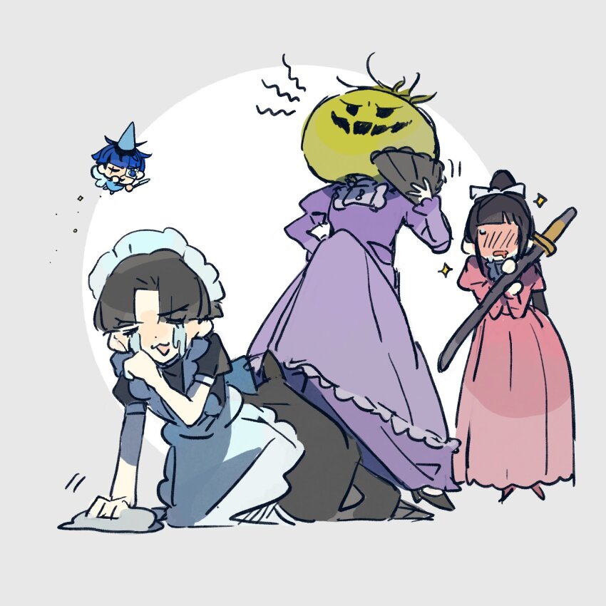 2boys 2girls apron black_hair blue_hair cross-draw crossdressing crying eyepatch food full_body highres holding holding_food holding_sword holding_weapon holy_jumonji_sword magadori_kyoshika maid maid_apron maid_headdress maruko_gaku mask mask_on_head multiple_boys multiple_girls omokage_yugamu one_eye_covered oosuzuki_kurara sword tears the_hundred_line_-last_defense_academy- tomato weapon white_background