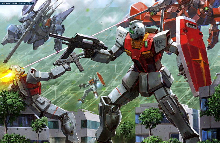 absurdres arm_shield assault_visor battle beam_rifle building bush colony_interior earth_federation_space_forces energy_gun finger_on_trigger firing flying gm_ii green_eyes gundam highres kinoshita_tomotake mecha mecha_focus mobile_suit no_humans one-eyed rick_dias robot science_fiction standing thrusters tree weapon zeta_gundam