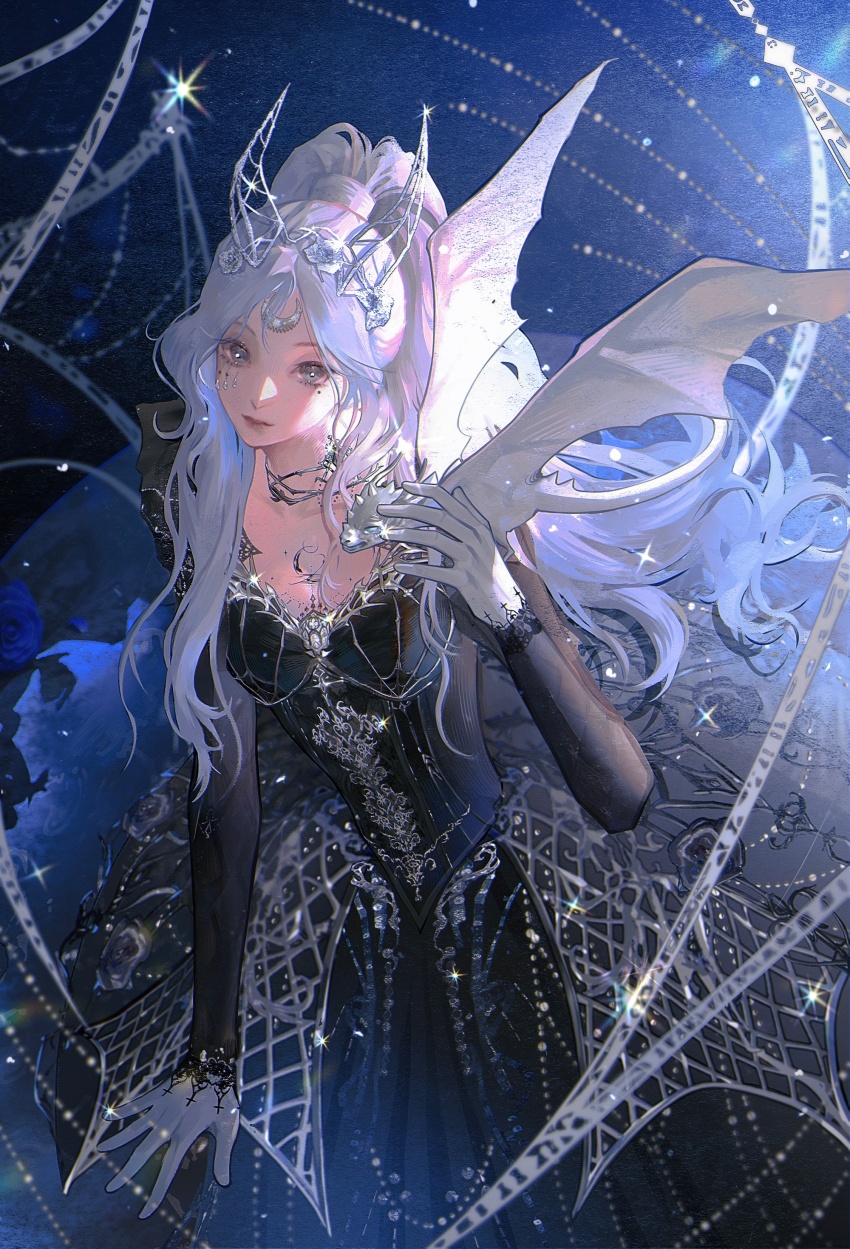 1girl absurdres black_dress blue_background breasts creature_on_hand demon_horns dragon dragon_on_hand dress fake_horns forehead_jewel gloves goth_fashion gown grey_eyes hand_up highres horns jewel_under_eye jewelry life_makeover long_dress long_hair long_sidelocks long_sleeves looking_at_viewer medium_breasts small_dragon mole mole_under_eye necklace parted_bangs ponytail sidelocks solo sparkle spider_web_print ssang721 upper_body very_long_hair white_gloves white_hair white_horns