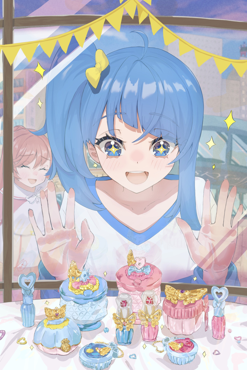 +_+ 2girls absurdres blue_eyes blue_hair blue_shirt bow bowtie casual closed_eyes cut_bangs dress hair_bow hair_bun hand_on_window highres hirogaru_sky!_precure long_hair long_sleeves makeup medium_hair mirror multiple_girls nijigaoka_mashiro open_mouth pink_dress pink_hair precure shirt side_ponytail single_hair_bun single_sidelock smile sora_harewataru sparkle string_of_flags t-shirt takion two-tone_dress two-tone_shirt white_bow white_bowtie white_dress white_shirt window yellow_bow