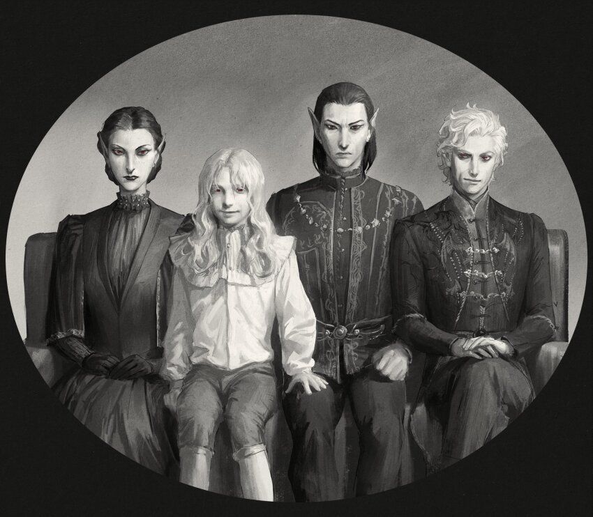 1girl 3boys amanita_szarr astarion baldur&#039;s_gate baldur&#039;s_gate_3 black_border boots border capelet cazador_szarr child collared_jacket colored_eyelashes couch crossed_legs earrings elf expressionless family_portrait feet_out_of_frame frilled_shirt_collar frills gloves greyscale hand_on_another&#039;s_thigh hands_on_own_knee highres jacket jewelry knee_boots long_sleeves looking_at_viewer male_focus medium_hair monochrome multiple_boys on_couch own_hands_together pants pointy_ears realistic red_eyes round_border shirt short_hair sitting skirt smile smirk spot_color straight-on the_old_crane vampire vellioth wavy_hair