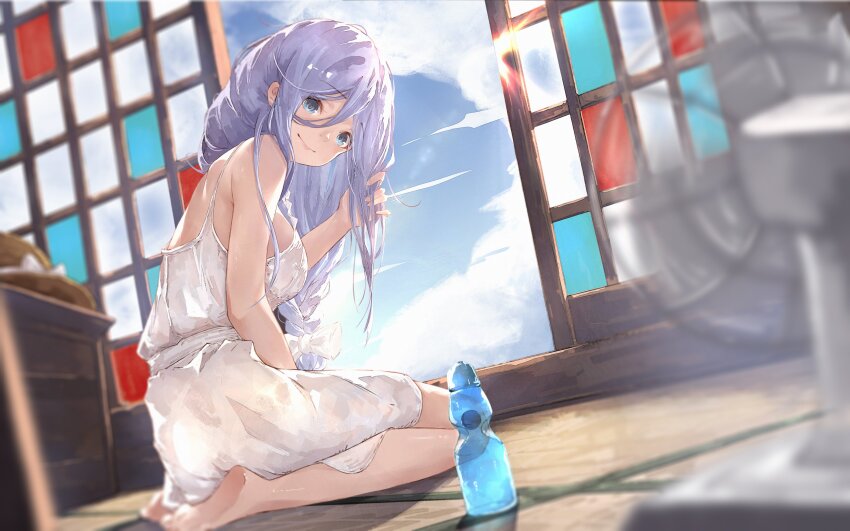 1girl absurdres alternate_colored_grass barefoot blue_eyes blue_hair bottle cloud commission date_a_live dress electric_fan hand_in_own_hair highres indoors long_hair sliding_doors smile solo takamiya_mio water_bottle white_dress yu_pian