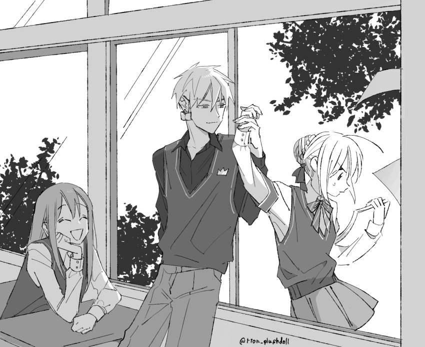 1boy 1girl 1other ahoge androgynous artoria_pendragon_(fate) bun_with_braided_base closed_eyes commentary_request desk duck11_rp earrings enkidu_(fate) fate/grand_order fate_(series) gilgamesh_(fate) greyscale hair_bun hair_ribbon hand_grab highres holding holding_paper jewelry long_hair miniskirt monochrome neck_ribbon open_mouth paper pleated_skirt ribbon saber_(fate) school_desk single_hair_bun skirt smile sweater_vest twitter_username window
