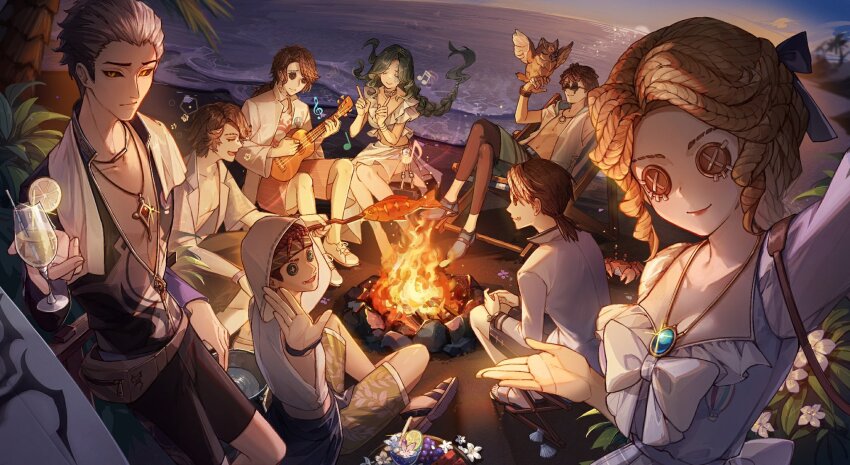 2girls 6+boys :d aesop_carl against_railing alice_deross alternate_costume alva_lorenz arm_behind_head bandana beach belt_pouch bikini bird bird_on_hand black_sclera blonde_hair blue_eyes blue_footwear blue_skirt bodysuit bonfire bow bowtie bracelet braid brown_hair bucket bush closed_eyes closed_mouth clothes_around_waist coat cocktail cocktail_flower colored_sclera cooking crab crossed_legs cup curly_hair day deck_chair diving_suit drinking_glass eli_clark eyebrow_cut facial_mark feet_out_of_frame fire fish_(food) floating_hair flower flower_symbol food frederick_kreiburg frilled_bikini frills fruit full_body grace_(identity_v) grapes green_hair grey_hair grilled_fish grilling group_picture hair_slicked_back highres holding holding_cup holding_stick hood hood_up hoodie identity_v index_finger_raised indian_style instrument jacket jacket_around_waist jammers jewelry legskin lemon lemon_slice lens_flare lime_(fruit) lime_slice long_hair low_ponytail male_swimwear medium_hair midriff multiple_boys multiple_girls music musical_note naib_subedar necklace no_shirt norton_campbell o-ring ocean official_art open_clothes open_coat open_hand open_jacket open_mouth owl palm_tree parted_bangs pendant plaid_clothes plaid_skirt playing_instrument ponytail pouch print_shirt railing sandals sarong seashell selfie shell shirt shoes short_bangs short_hair single_braid sitting skirt sleeveless sleeveless_hoodie sleeveless_jacket smile sneakers standing stick stitched_mouth stitches sunglasses sunset surfboard swept_bangs swim_trunks swimsuit third-party_source towel towel_around_neck tray tree ukulele watch water watermelon waving wavy_hair wetsuit white_bikini white_bow white_bowtie white_coat white_flower white_hoodie white_jacket white_shirt wine_glass wristband wristwatch yellow_eyes