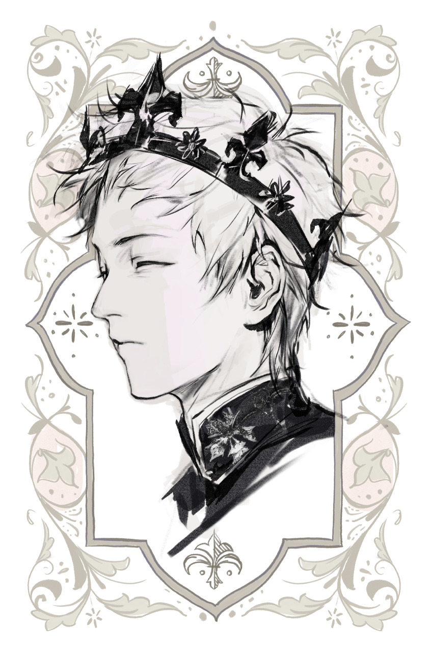 1boy absurdres alternate_costume atou_haruki border chinese_commentary closed_eyes closed_mouth commentary_request cropped_shoulders crown highres male_focus mandarin_collar monochrome ornate_border profile saibou_shinkyoku short_bangs short_hair solo the_crowd wispy_bangs