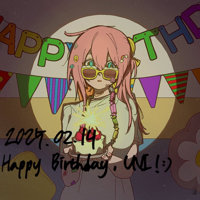 1girl attwn_park bandaid bandaid_on_neck blue_eyes cake commentary_request dated diamond_hair_ornament food green_shirt hair_between_eyes happy_birthday highres holding holding_plate korean_commentary pink_hair plate rainbow_hair_ornament shirt solo spotlight sticker tinted_eyewear uni_(vocaloid) vocaloid yellow-framed_eyewear