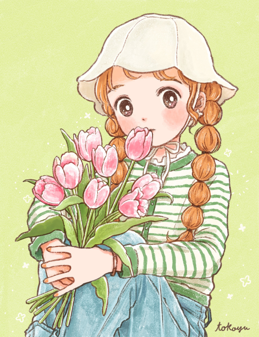 1girl black_eyes blue_pants blush braid bucket_hat casual commentary denim flower flower_to_mouth green_background green_shirt green_trim hand_on_own_knee hat highres holding holding_flower jeans leaf long_sleeves orange_hair original pants pink_flower pink_tulip shirt sitting solo spring_(season) striped_clothes striped_shirt symbol-only_commentary tokoyu tulip twin_braids two-tone_shirt white_hat white_shirt yellow_background