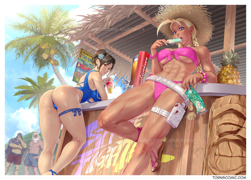 2boys 2girls abs akuma_(street_fighter) alternate_costume ass beach belt bent_over bikini blonde_hair blue_one-piece_swimsuit braid breasts cammy_white capcom chun-li cleavage coconut coconut_tree cup curvy day double_bun drink drinking_straw food from_below hair_bun hat highleg highleg_one-piece_swimsuit highres holding holding_drink holding_food holding_popsicle huge_ass licking looking_at_viewer loose_belt low_twin_braids m._bison multiple_boys multiple_girls muscular muscular_female official_alternate_costume one-piece_swimsuit palm_tree pink_bikini popsicle pouch sandals shiny_skin side-tie_bikini_bottom standing strapless strapless_bikini straw_hat street_fighter street_fighter_6 swimsuit tan thigh_pouch thigh_strap thighs thong_one-piece_swimsuit torn_s tree twin_braids wide_hips