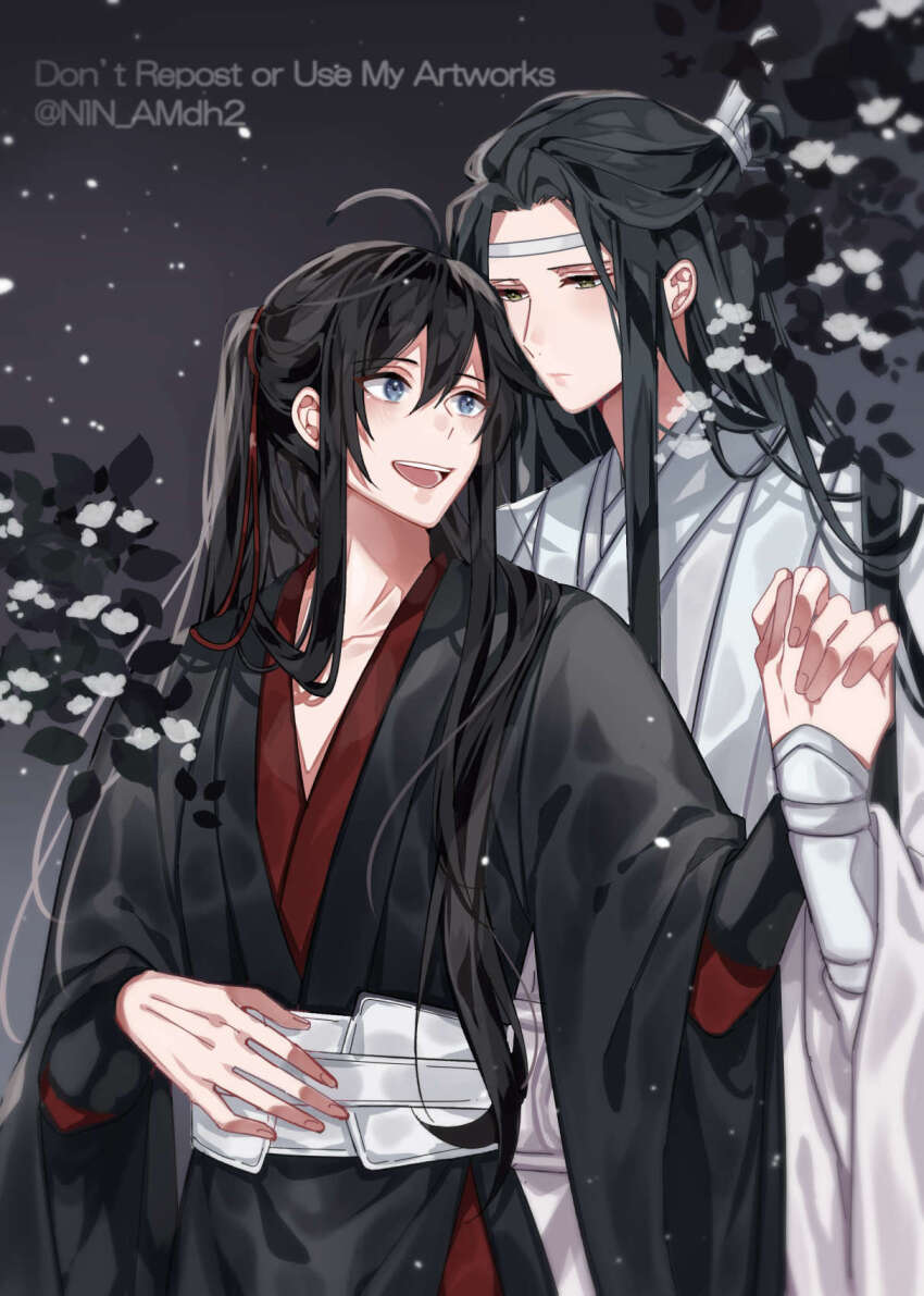2boys :d ahoge bishounen black_hair black_hanfu black_robe blue_eyes chinese_clothes closed_mouth english_text flower hair_between_eyes hair_ribbon half_updo hanfu headband height_difference high_ponytail highres holding_hands hyottokoane lan_wangji leaf long_hair long_sleeves looking_at_another male_focus modao_zushi multiple_boys night open_mouth ponytail red_ribbon ribbon robe sidelocks smile snow standing topknot twitter_username wei_wuxian white_flower white_hanfu white_headband white_robe wide_sleeves xiao_guan_(headdress) yaoi yellow_eyes