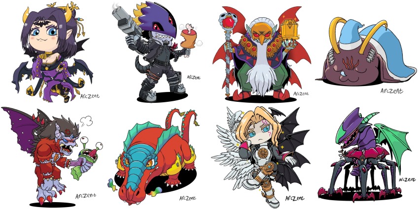 absurdres barbamon beelzebumon belphemon belphemon_sleep_mode chibi demon demon_(digimon) demon_boy demon_girl digimental digimental_of_miracles digimon digimon_(creature) fallen_angel highres leviamon lilithmon lucemon_falldown_mode mark_of_evil ogudomon seven_great_demon_lords smile wings