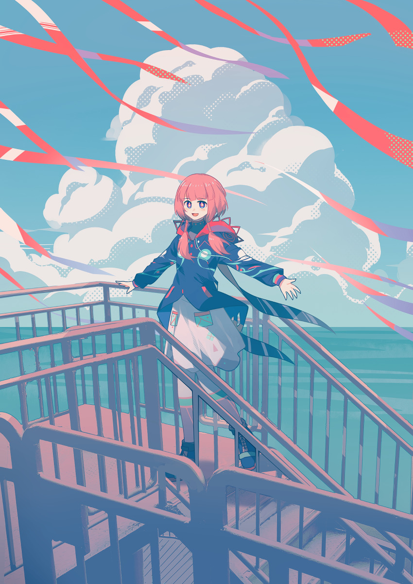 1girl absurdres blue_eyes blue_jacket blue_sky boots cloud commentary cumulonimbus_cloud dress ganezugarrrrr hair_over_shoulder hair_tubes halftone highres hood hood_down hooded_jacket jacket kaf_(kamitsubaki_studio) kamitsubaki_studio long_sleeves looking_at_viewer low_twintails multicolored_eyes multicolored_leggings on_stairs open_mouth outdoors outstretched_arms pink_hair red_eyes short_dress sky smile solo spread_arms standing standing_on_one_leg streamers turtleneck twintails virtual_youtuber white_dress wide_shot wind