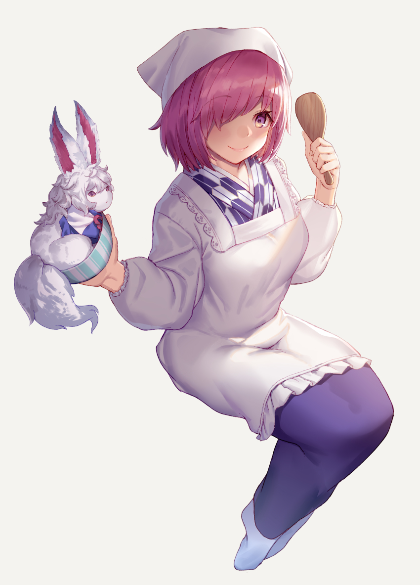 1girl absurdres alternate_costume apron arl blush breasts fate/grand_order fate_(series) fou_(fate) hair_over_one_eye highres holding kappougi looking_at_viewer mash_kyrielight medium_breasts purple_eyes shamoji short_hair simple_background smile white_apron white_background