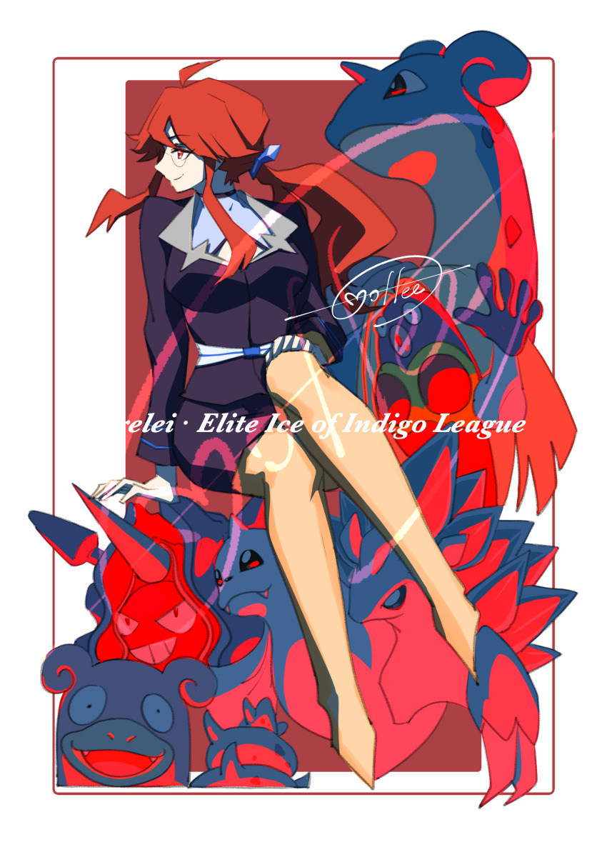 1girl absurdres ahoge alolan_form alolan_sandslash arm_support border breasts cccacademia character_name closed_mouth cloyster dewgong game_freak gen_1_pokemon gen_7_pokemon glasses highres jacket jynx lapras long_hair looking_to_the_side lorelei_(pokemon) mixed-language_commentary nintendo pantyhose pokemon pokemon_(creature) pokemon_lgpe ponytail red_hair shirt shoes sidelocks signature sitting skirt slowbro smile white_border