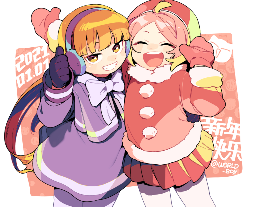 2girls arms_up black_gloves cowboy_shot dated earmuffs gloves long_hair luo_xiaobai luo_xiaohei_zhanji mittens multiple_girls open_mouth orange_eyes orange_hair pantyhose pink_hair pleated_skirt red_mittens red_skirt shanxin_(the_legend_of_luoxiaohei) skirt smile thumbs_up twitter_username vox white_legwear