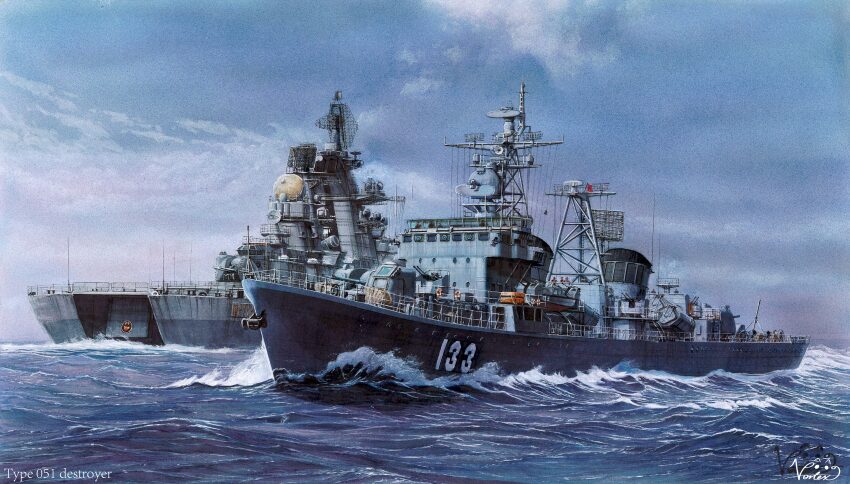 6+others absurdres anti-aircraft anti-aircraft_gun battlecruiser chinese_destroyer_chongqing_(133) commentary destroyer highres historical_event military_vehicle missile_pod multiple_others ocean original people&#039;s_liberation_army people&#039;s_liberation_army_navy photo-referenced radar russian_battlecruiser_admiral_lazarev scenery ship ship_turret sky soviet_navy vehicle_focus vehicle_name vortex_(xu_xuanwo) warship watercraft waves