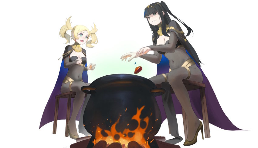 2girls black_hair blonde_hair bodystocking boots breasts cape cauldron cleavage cosplay covered_navel crop_top dark_mage_(fire_emblem_awakening) dark_mage_costume fire fire_emblem fire_emblem_awakening food high_heels large_breasts lissa_(fire_emblem) long_hair lovensame medium_breasts multiple_girls nintendo pelvic_curtain pot revealing_clothes stew stool tharja_(fire_emblem) tharja_(fire_emblem)_(cosplay) twintails