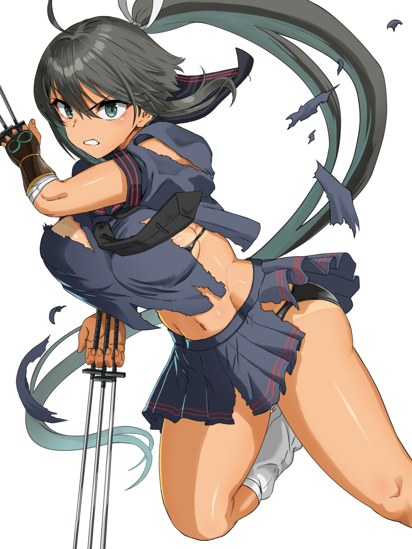 1girl ahoge angry armor ascot bandaged_arm bandages bikini_tan black_ascot black_bra black_hair black_panties black_sailor_collar black_serafuku bra breasts clenched_teeth dark-skinned_female dark_skin gesso gluteal_fold green_eyes groin hair_ribbon hebijo_academy_school_uniform high_ponytail highres holding holding_sword holding_weapon homura_(senran_kagura) infinity_symbol japanese_armor katana kote large_breasts leg_warmers long_hair looking_at_viewer miniskirt multiple_swords multiple_wielding navel panties pleated_skirt ponytail puffy_short_sleeves puffy_sleeves ribbon sailor_collar school_uniform senran_kagura senran_kagura_shoujo-tachi_no_shin&#039;ei serafuku shiny_skin shirt short_sleeves simple_background skirt solo sword tan tanline teeth torn_clothes torn_shirt torn_skirt tsuba_(guard) tsuka-ito underwear v-shaped_eyebrows very_long_hair weapon white_ribbon