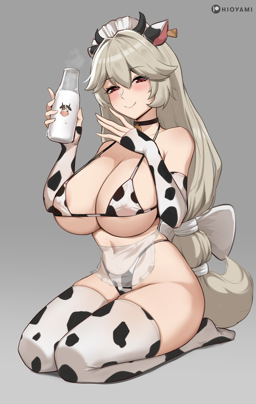 1girl alexandrina_sebastiane animal_print bare_shoulders bikini blush bottle breasts choker cleavage covered_erect_nipples cow_print cow_print_bikini grey_hair highres hioyami large_breasts long_hair looking_at_viewer milk_bottle print_bikini red_eyes smile solo swimsuit thighhighs zenless_zone_zero