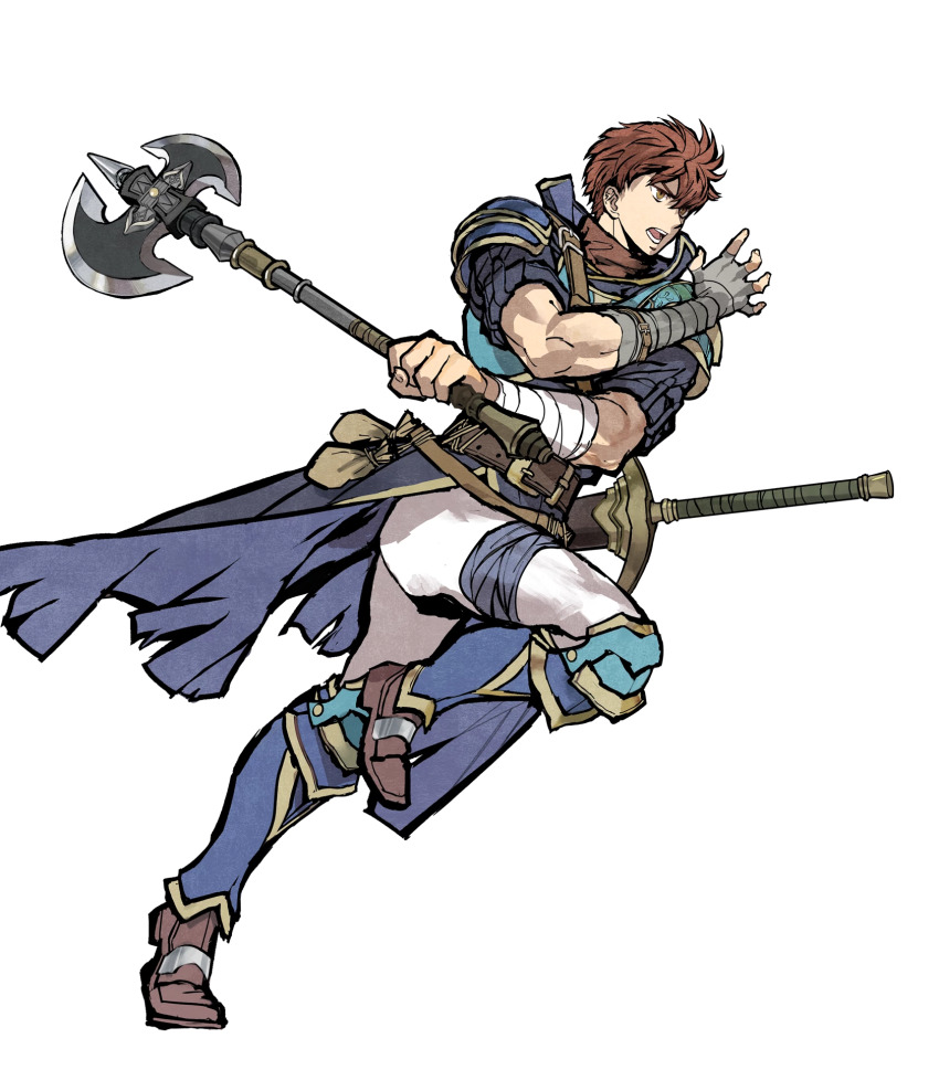 1boy akira_(kaned_fools) armor axe bandages battle_axe belt brown_eyes brown_hair chest_armor fire_emblem fire_emblem:_the_blazing_blade fire_emblem_heroes full_body highres holding holding_axe holding_weapon leg_armor male_focus mercenary nintendo non-web_source official_art open_mouth raven_(fire_emblem) short_sleeves solo sword transparent_background weapon