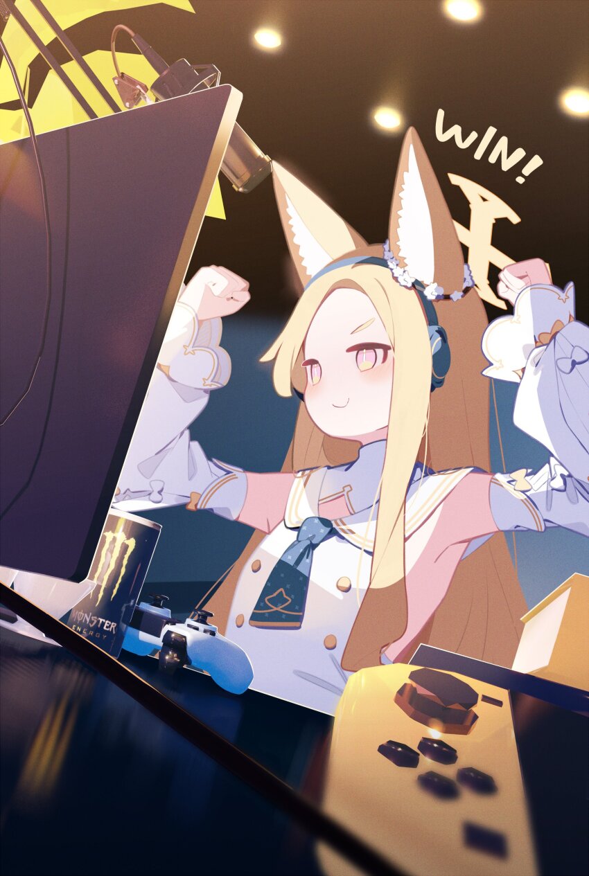 1girl absurdres animal_ear_fluff animal_ears armpits arms_up bare_back blonde_hair blue_archive blurry boom_microphone c: can clenched_hands colombia_pose_(meme) commentary_request depth_of_field desk detached_sleeves drink_can dualsense energy_drink english_text flower forehead fox_ears fox_girl hair_flower hair_ornament halo happy headphones highres indoors long_hair long_sleeves microphone microphone_stand monitor monster_energy nintendo_switch orange_eyes parted_bangs pekeko_(pepekekeko) playstation_controller raised_fists school_uniform seia_(blue_archive) sidelocks smile smug soda_can solo v-shaped_eyebrows