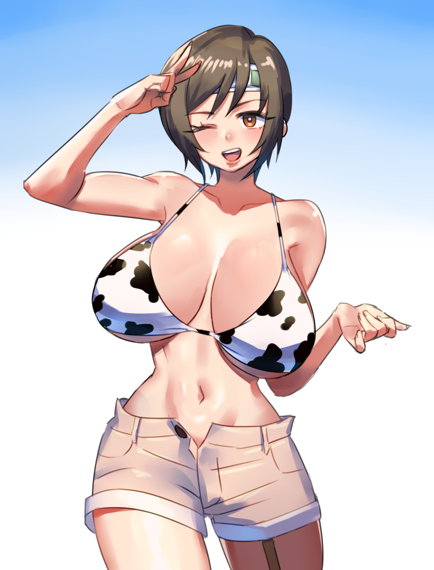 1girl absurdres alternate_breast_size animal_print bikini bikini_top_only blue_background breasts breasts_apart brown_eyes brown_hair brown_shorts cow_print final_fantasy final_fantasy_vii green_headband headband highres huge_breasts navel one_eye_closed open_mouth quanero short_hair short_shorts shorts smile solo stomach swimsuit v yuffie_kisaragi