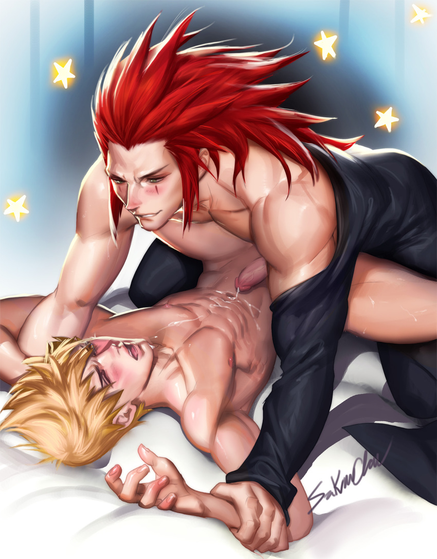 2boys abs age_difference anal ass axel bed blonde_hair cum cum_on_body ejaculating_while_penetrated ejaculation facepaint highres kingdom_hearts male_focus male_penetrated multiple_boys muscular naughty_face pectorals penis red_hair restrained roxas sakimichan size_difference spiked_hair sweat testicles uncensored yaoi