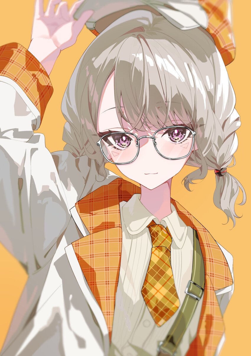 1girl absurdres amopui arm_up blazer blonde_hair closed_mouth commentary facial_mark glasses hashtag-only_commentary hat highres jacket komori_met komori_met_(6th_costume) looking_at_viewer necktie orange_background orange_eyes orange_necktie shirt simple_background solo virtual_youtuber vspo! white_shirt