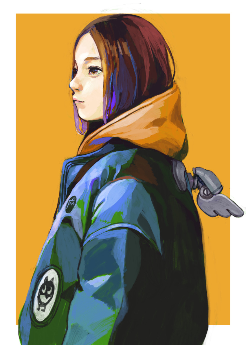 1girl absurdres border brown_hair from_side highres hood hoodie jacket junjunforever mechanical_wings multicolored_hair nose original parted_bangs profile purple_hair short_hair smile solo wings yellow_background