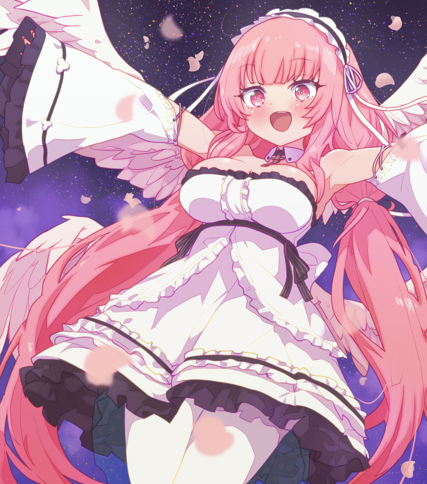1girl anchor anchor_choker arbiter1 armpits azur_lane bare_shoulders black_choker black_ribbon black_trim blunt_bangs blush breasts cherry_blossoms choker cleavage collar commentary cowboy_shot detached_collar detached_sleeves dress english_commentary falling_petals feathered_wings frilled_dress frilled_hairband frills hair_ribbon hairband highres jumping large_breasts long_hair maid_headdress night night_sky open_mouth outstretched_arms perseus_(azur_lane) petals pink_eyes pink_hair raised_eyebrows ribbon sidelocks sky smile spread_arms star_(sky) star_(symbol) strapless thighs twintails underbust white_collar white_dress white_ribbon white_wings wings
