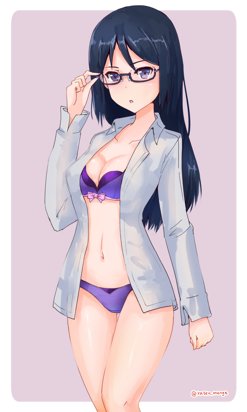 1girl absurdres alice_gear_aegis black-framed_eyewear blue_hair bra breasts cleavage glasses highres long_hair momoshina_fumika open_clothes open_shirt panties purple_bra purple_panties rasen_manga shirt underwear white_shirt